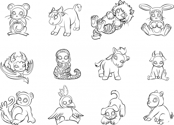 12 Chinese Zodiac Animals coloring page image