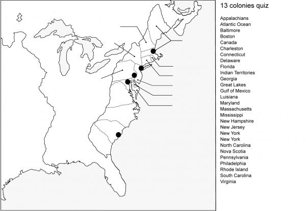 13 Colonies Map Quiz coloring page image