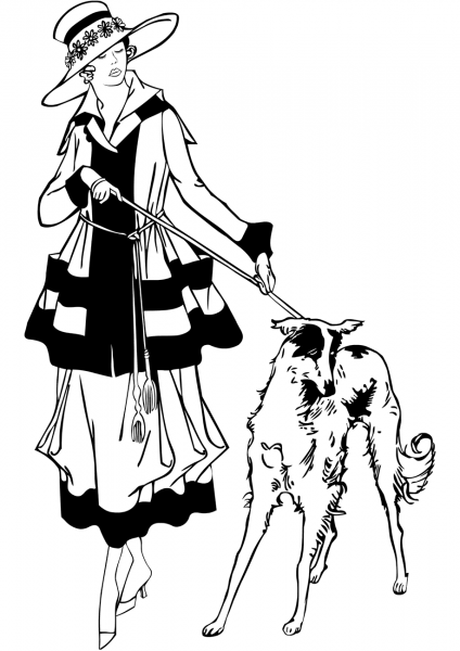 1920s Style Woman Walking Dog coloring page image