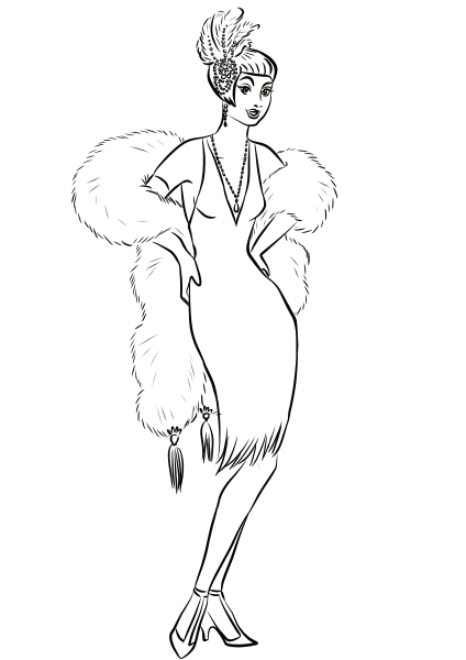 1930’s Woman in Cocktail Dress and Fur Boa Scarf coloring page image
