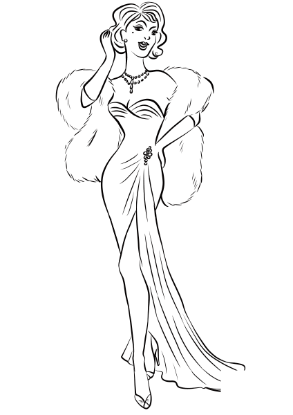 1930’s Woman in Long Dress and Fur Boa Scarf coloring page image