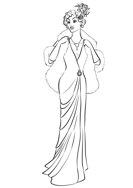 1930’s Woman Wearing Long Dress and Fur Coat coloring page image