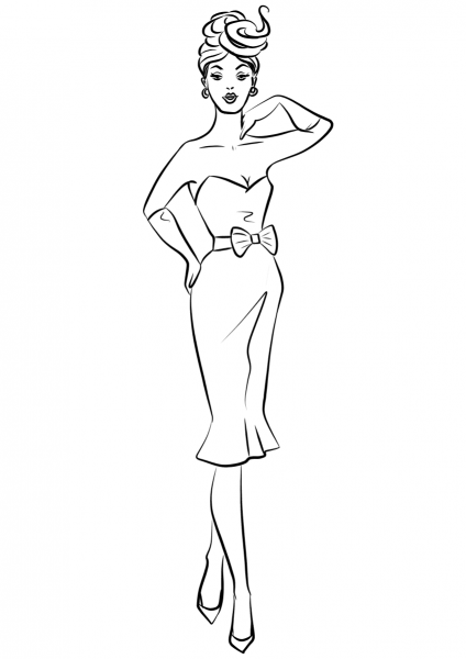 1950’s Woman Wearing Cocktail Dress coloring page image