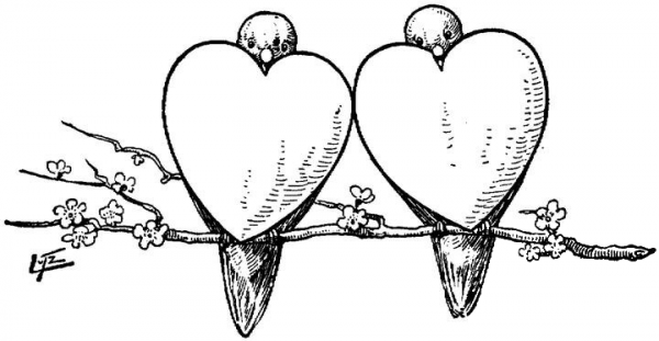 2 bullfinches as 2 hearts coloring page image