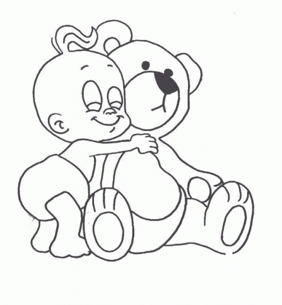 A baby is hugging teddy bear coloring page image