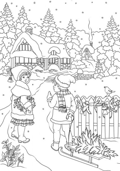 A Boy and a Girl are Pulling the Sled coloring page image