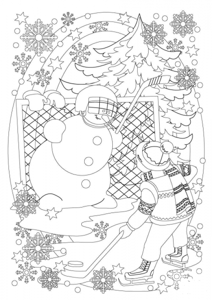 A Boy and a Snowman Play Hockey coloring page image