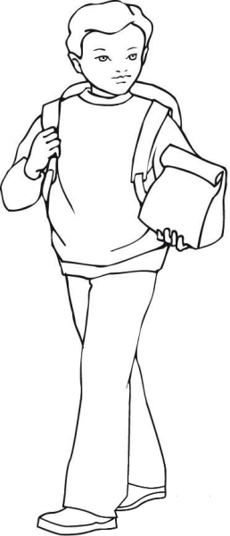 A Boy Carrying His Lunch and Backpack coloring page image