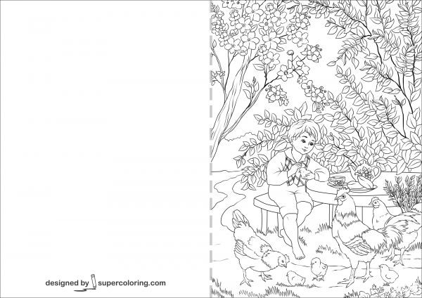 A Boy Enjoying a Warm Spring Day in the Garden Card coloring page image