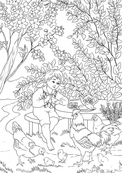 A Boy Enjoying a Warm Spring Day in the Garden with Chicken Chick and Cock coloring page image
