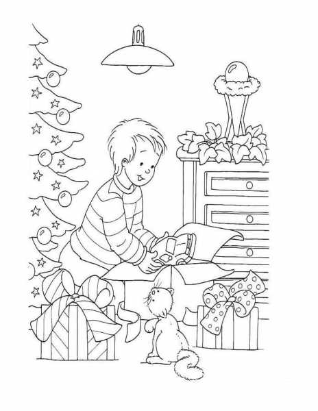 A Boy is Unpacking Christmas Gifts  coloring page image