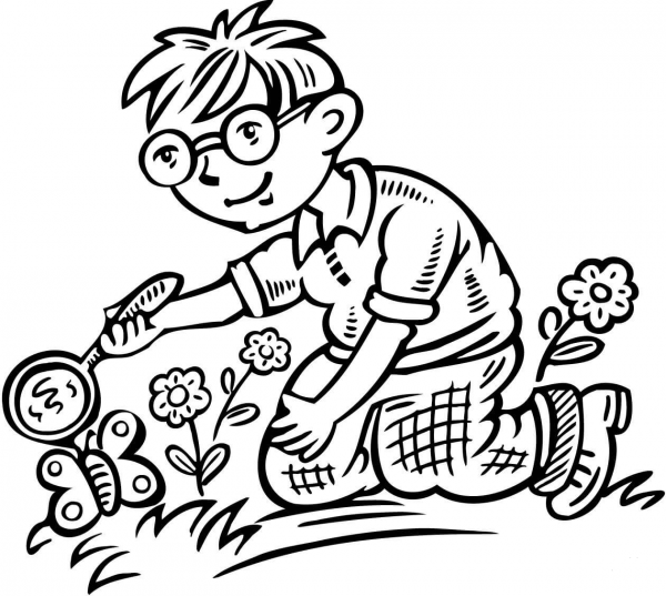 A Boy Looking at a Butterfly Through a Magnifying Glass coloring page image