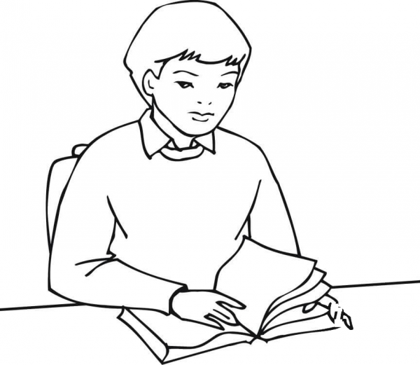 A Boy Student Reading a Book coloring page image