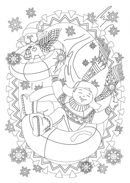 A Boy with His Dog are Sledding down the Hill coloring page image