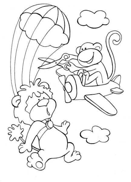 A Brave Lion is Skydiving in the Sky While a Disorderly Monkey on the Plane Tries to Intervene coloring page image