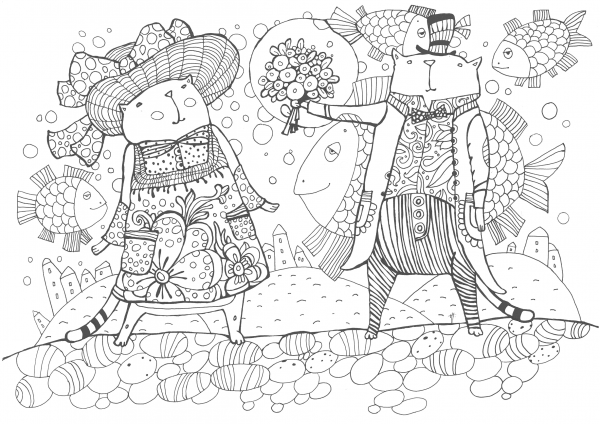 A Cat Male is Giving a Flower Bouquet to a Cat Female coloring page image