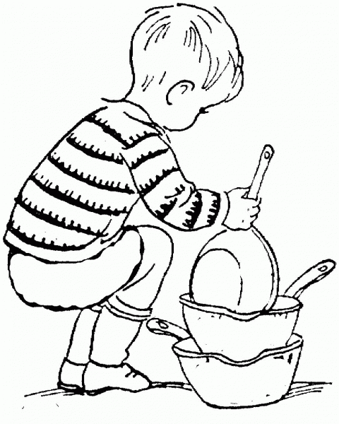 A child is organizing the dishes  coloring page image