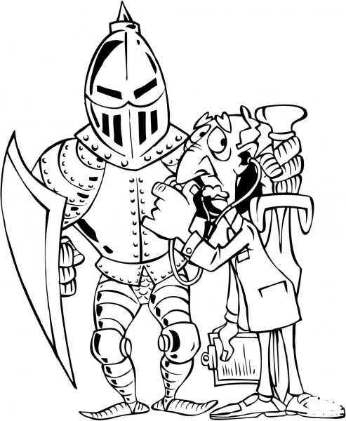 A Doctor examines a Knight in Armor  coloring page image