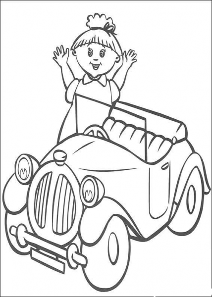 A doll and a car coloring page image