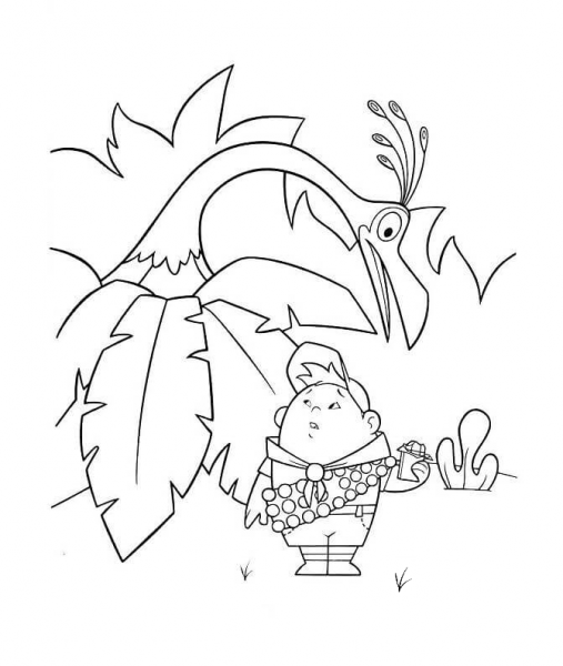 A giant bird and Russell  coloring page image