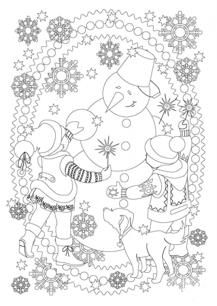 A Girl, a Boy, a Dog, and a Snowman are Playing Together coloring page image