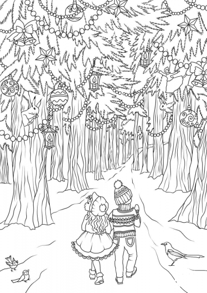 A Girl and a Boy are Walking in the Christmas Forest coloring page image