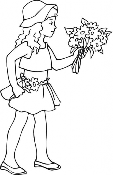 A Girl Holding a Bouquet of Flowers coloring page image