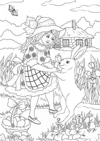 A Girl in a Victorian Dress is Dancing with a Rabbit coloring page image