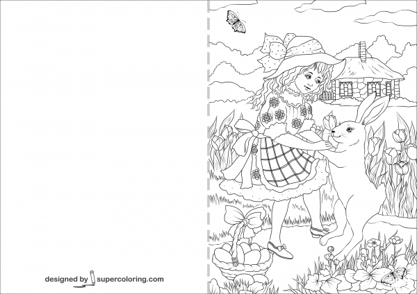A Girl in a Victorian Dress is Dancing with a Rabbit Retro Easter Card coloring page image