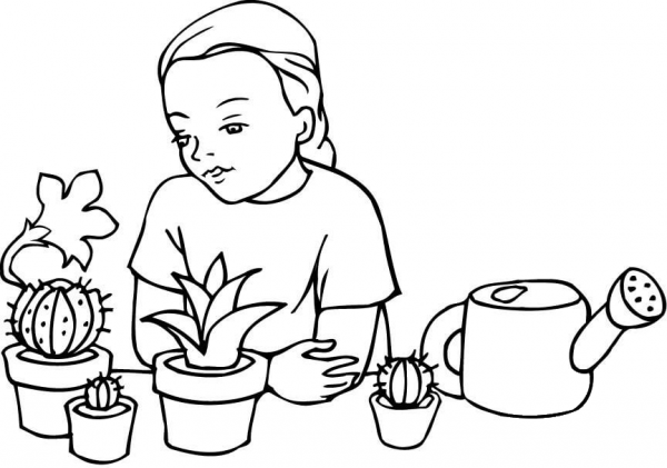 A Girl Learning About Plants and Cacti coloring page image