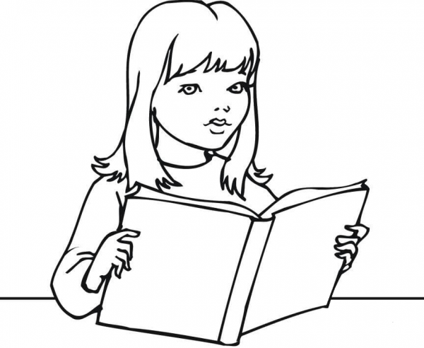 A Girl Reading a Book coloring page image