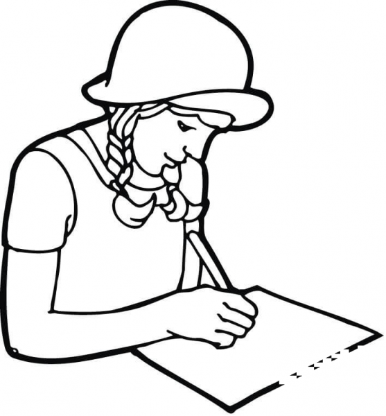 A Girl Student Writing on Paper coloring page image