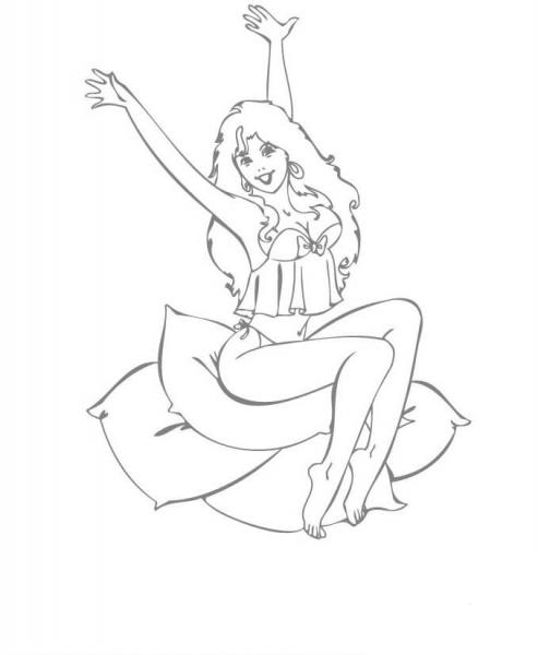 a Girl Wearing Lingerie with Her Arms up coloring page image