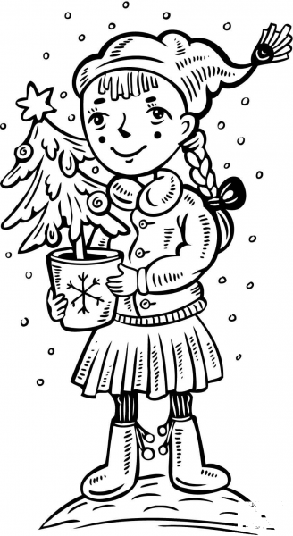 A Girl with a Christmas Tree coloring page image