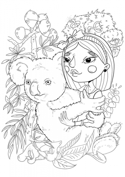 A Girl with a Koala coloring page image