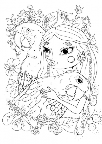A Girl with a Parrot coloring page image