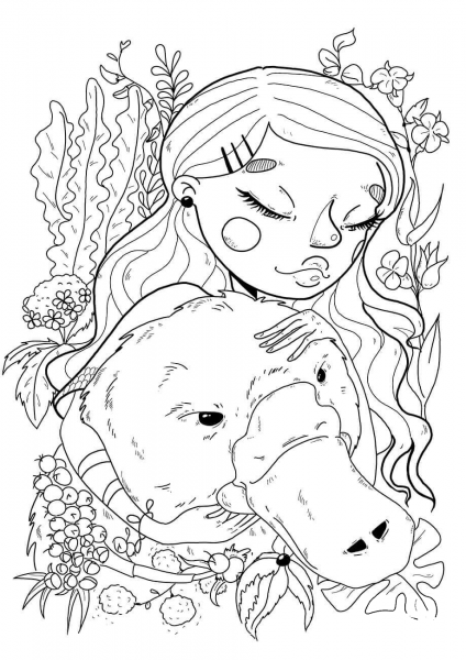 A Girl with a Platypus coloring page image