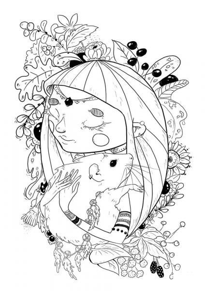 A Girl with a Rat coloring page image