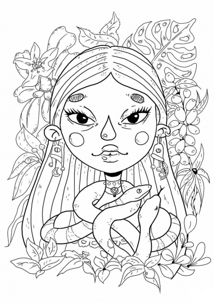 A Girl with a Serpent coloring page image
