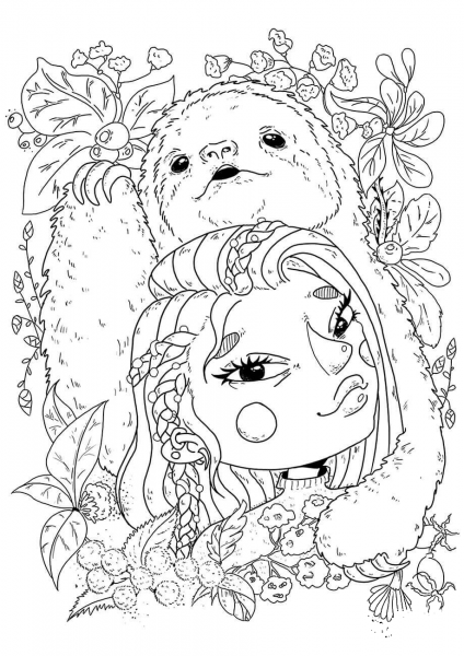 A Girl with a Sloth coloring page image