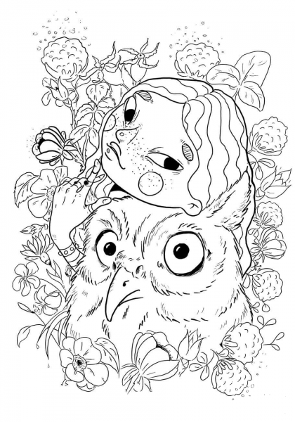 A Girl with An Owl coloring page image