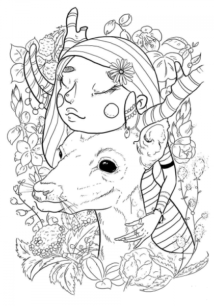 A Girl with Deer coloring page image