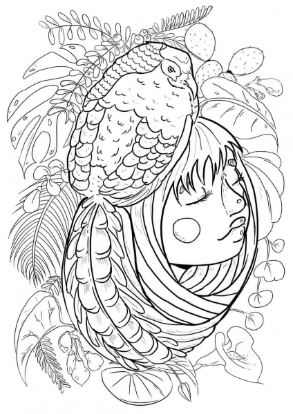 A Girl with Pheasant coloring page image