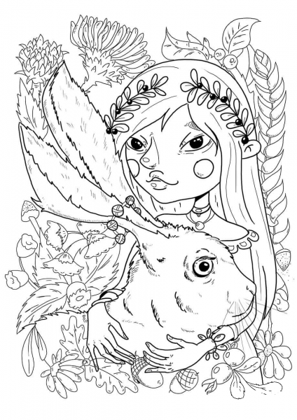 A Girl with Rabbit coloring page image