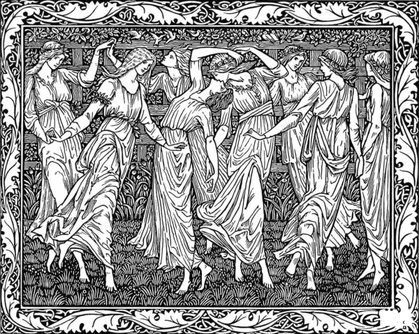A Group of Young Women Dancing in a Garden coloring page image