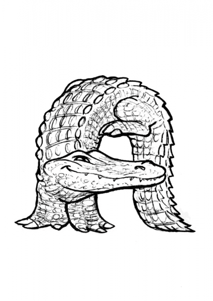 A is for Alligator coloring page image