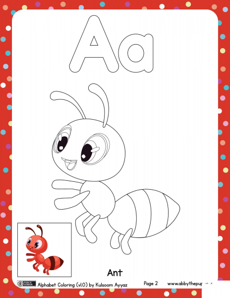 A is for Ant coloring page image