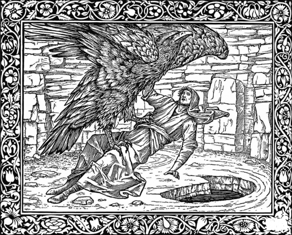 A Large Eagle Carries a Man in Its Claws coloring page image