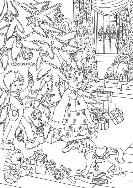 A Little Brother is Helping Her Little Sister to Decorate the Christmas Tree coloring page image