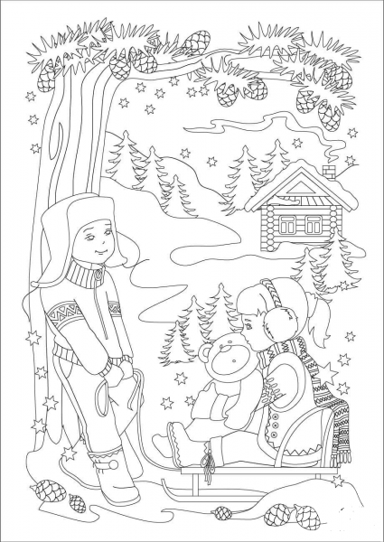 A Little Brother is Pulling a Little Sister on a Sled coloring page image